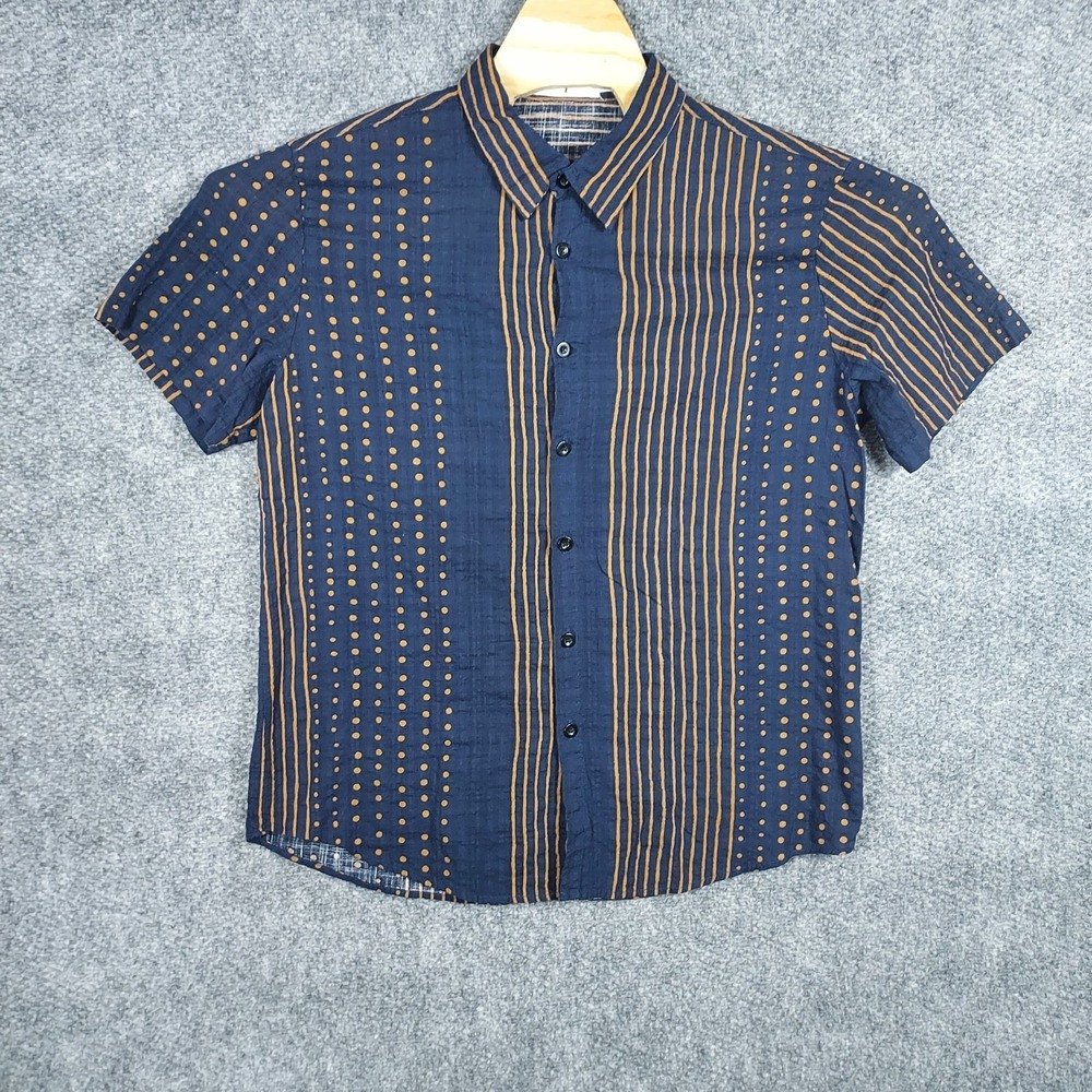 VatPave Button Up Shirt Men Sz M Blue Gold Striped Dots Short Sleeve Texture